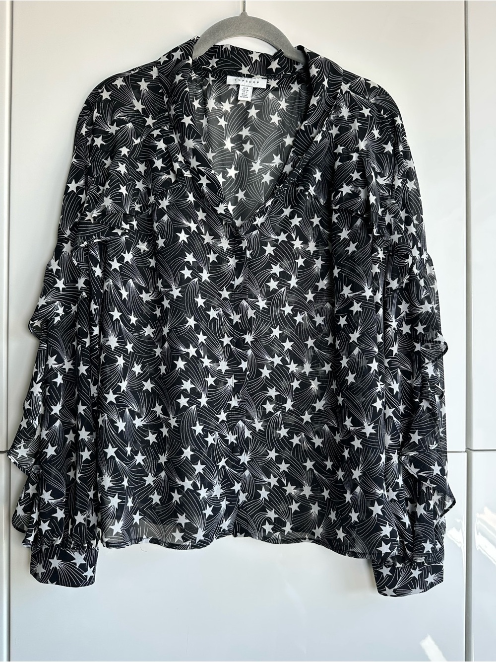 Topshop Sheer Star Blouse Black White Size 4 Ruffle Collared Stars Night Sky